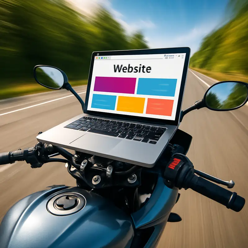 Super fast static website displayed on laptop screen, on a bike