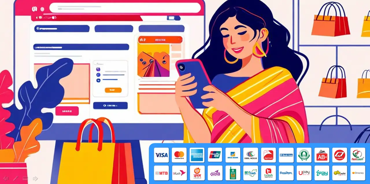 Woman using online shop with multiple payment methods